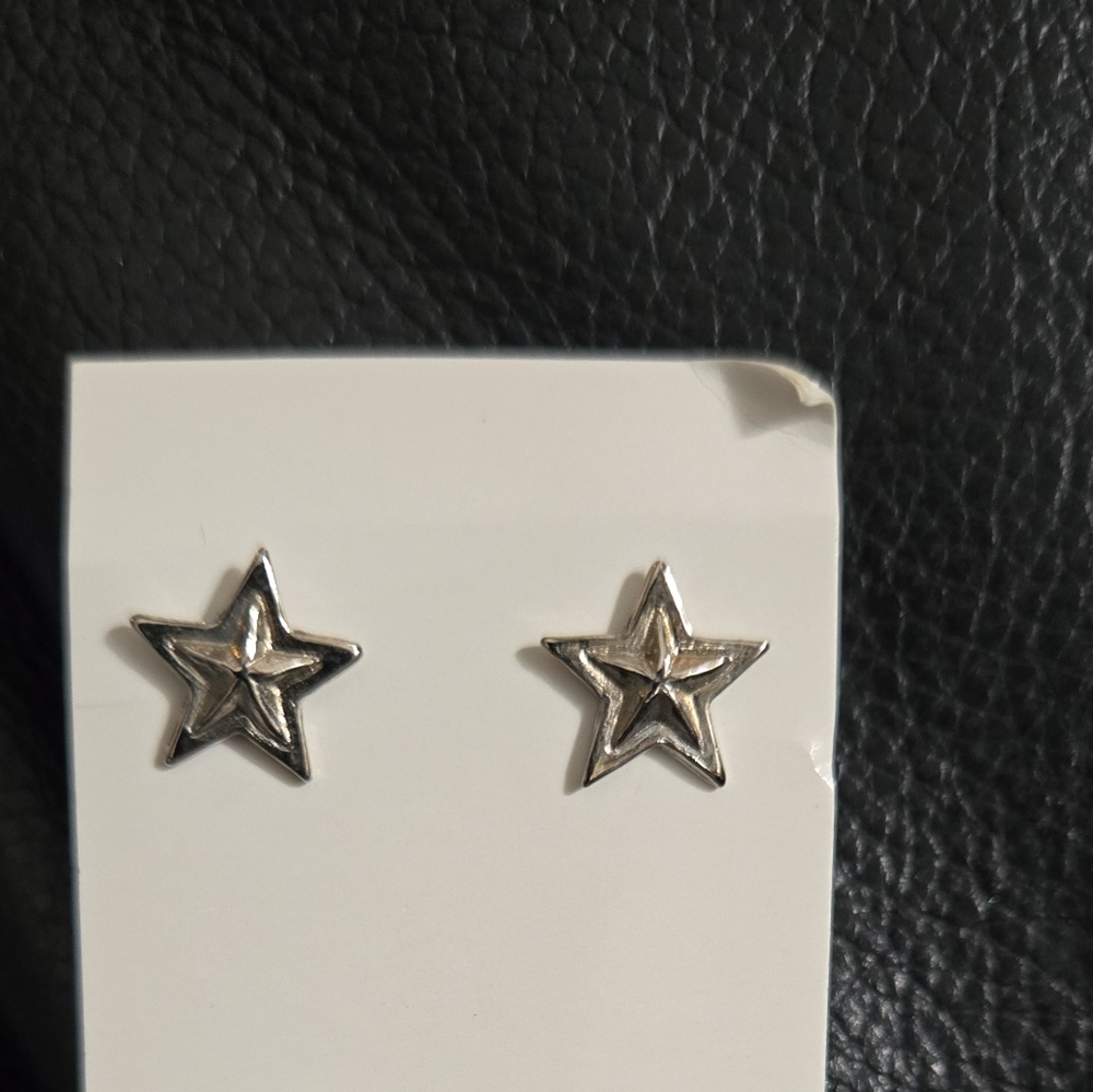 Sterling Silver Double Star Earrings Studs - Picture 2 of 5